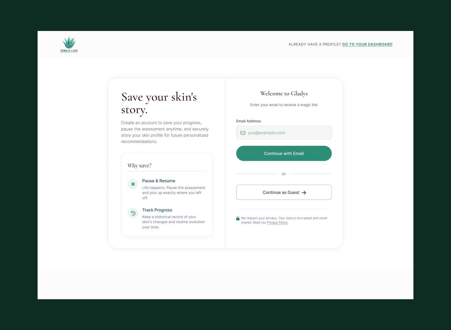 Gladys AI — account creation: Save your skin's story